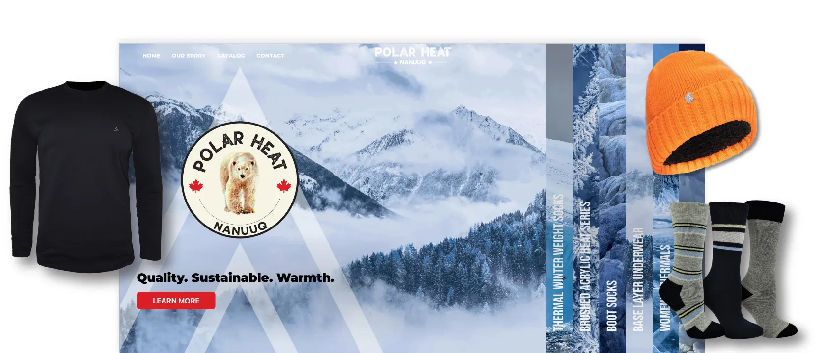 Screenshot of the Polar Heat Nanuuq homepage surrounded by various winter clothing items