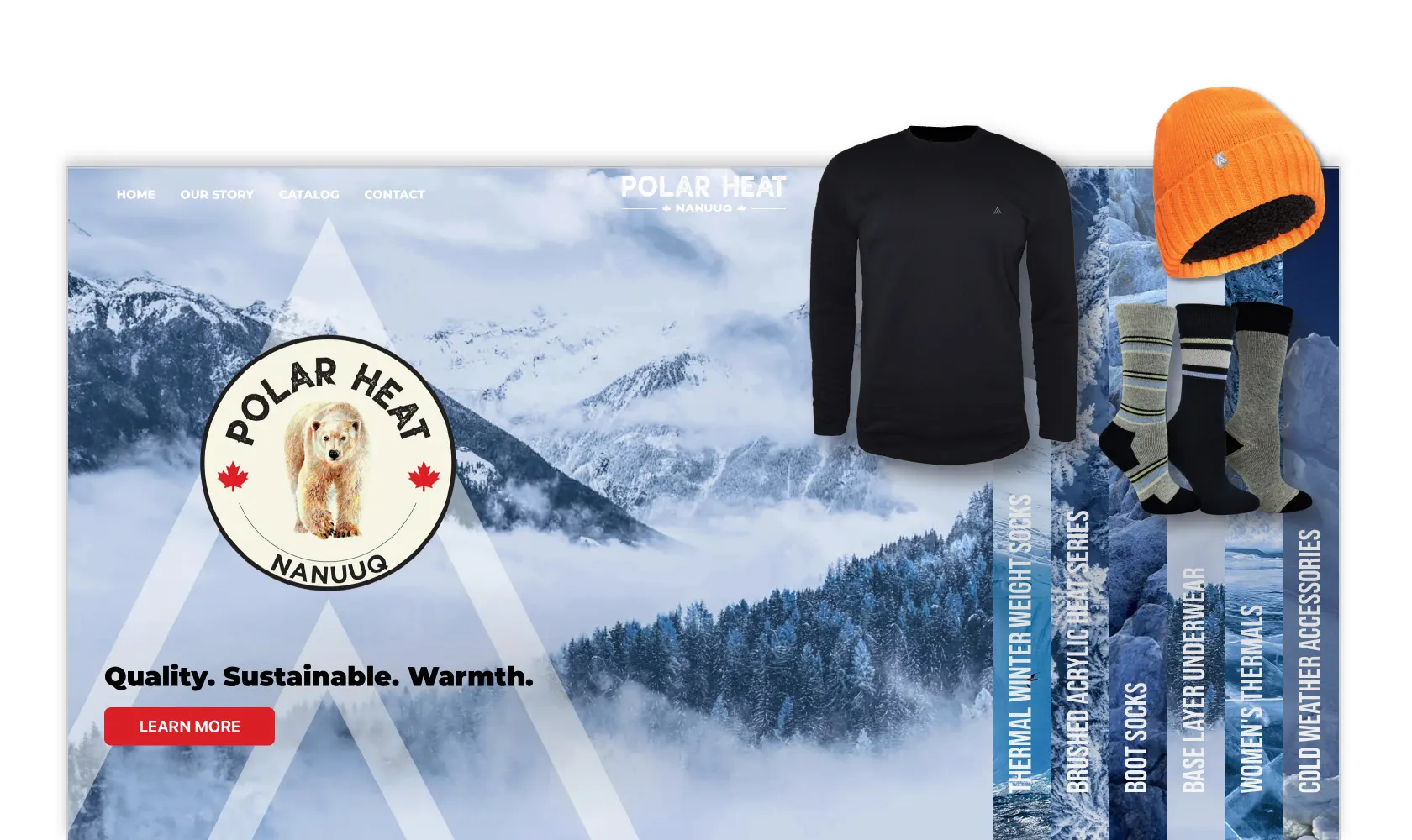 Screenshot of the Polar Heat Nanuuq homepage surrounded by various winter clothing items