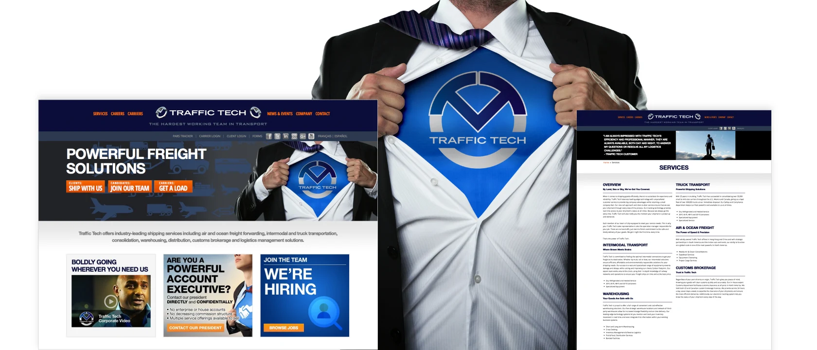 Screenshots of the Traffic Tech homepage and Services page overlaying a man opening his shirt revealing a Traffic Tech logo