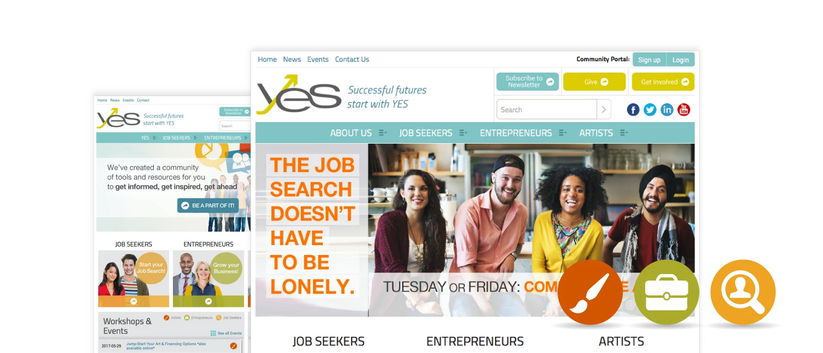 Screenshots of the YES homepage