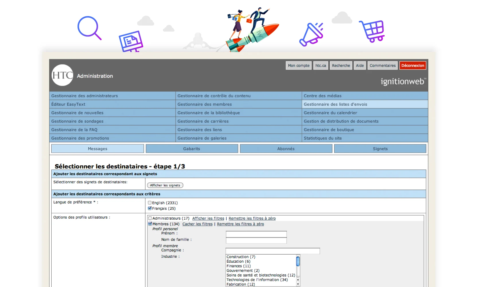 Capture d'écran du back-end HTC IgnitionWeb