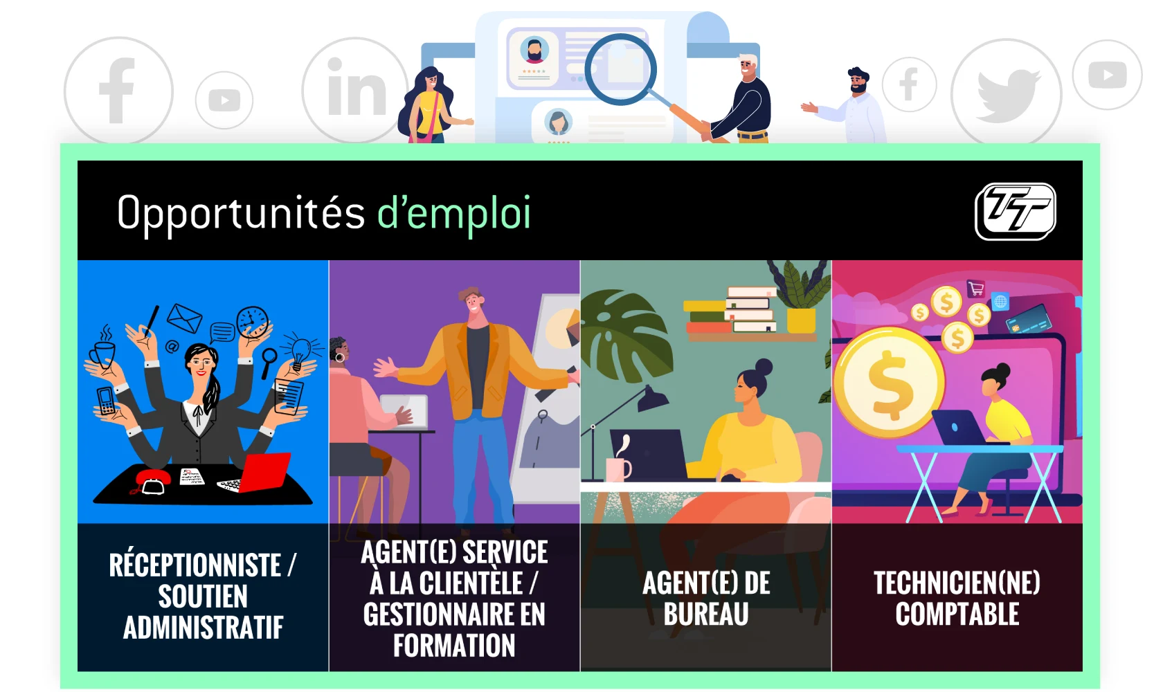 Graphique des médias sociaux pour les opportunités d'emploi actuelles sous un graphique d'un homme à la recherche de candidats