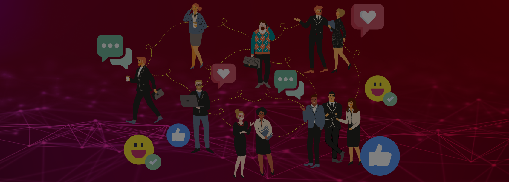A graphic of a number of people engaging in different forms of communication, surround by social media-related icons